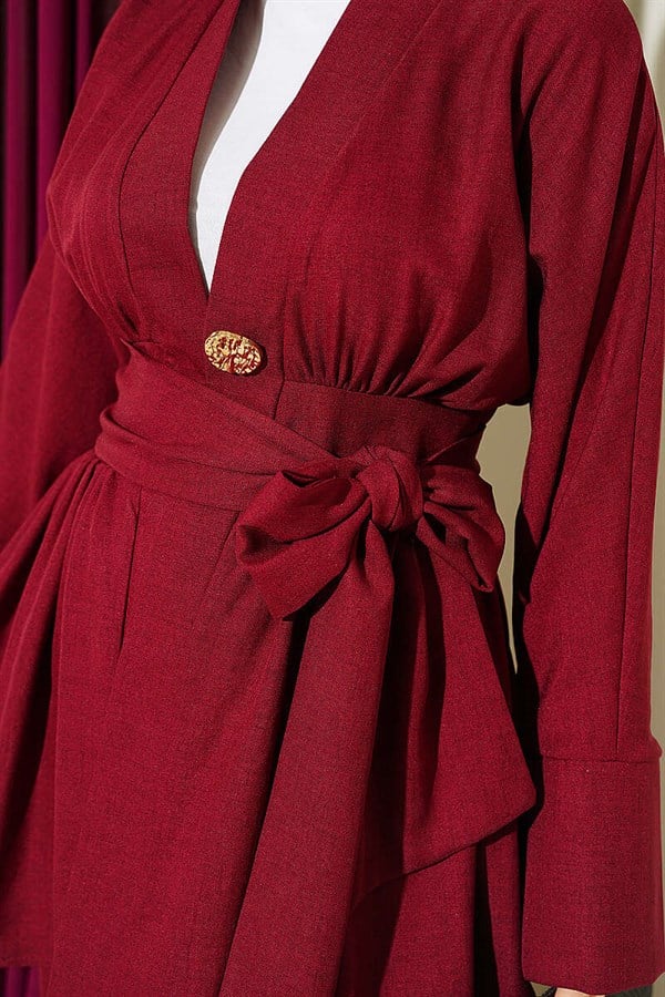 Self-Belted Kimono 2 Piece Set, Burgundy