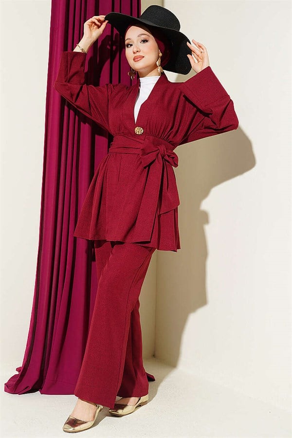 Self-Belted Kimono 2 Piece Set, Burgundy