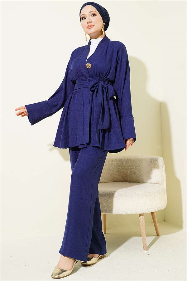 Self-Belted Kimono 2 Piece Set, Navy Blue