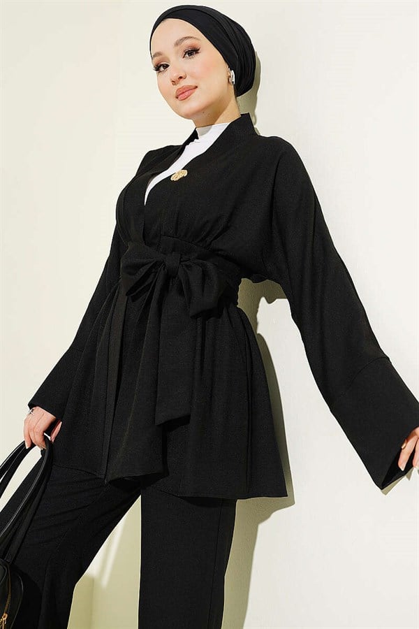 Self-Belted Kimono 2 Piece Set, Black