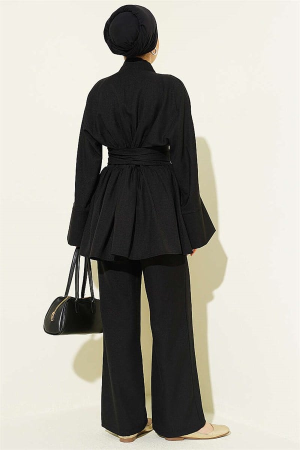 Self-Belted Kimono 2 Piece Set, Black
