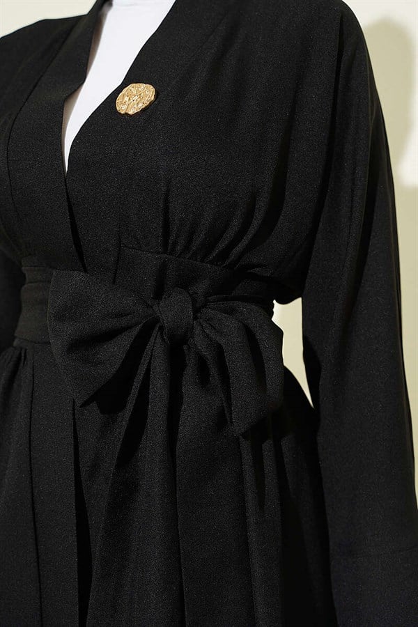 Self-Belted Kimono 2 Piece Set, Black