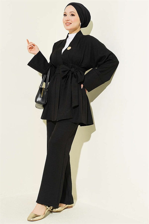 Self-Belted Kimono 2 Piece Set, Black