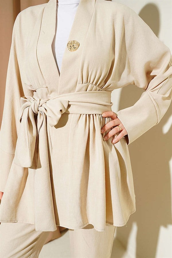 Self-Belted Kimono 2 Piece Set Stone