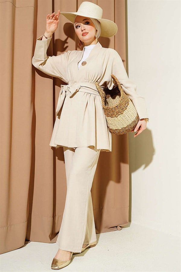 Self-Belted Kimono 2 Piece Set Stone