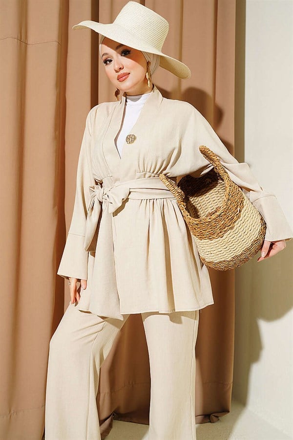 Self-Belted Kimono 2 Piece Set Stone