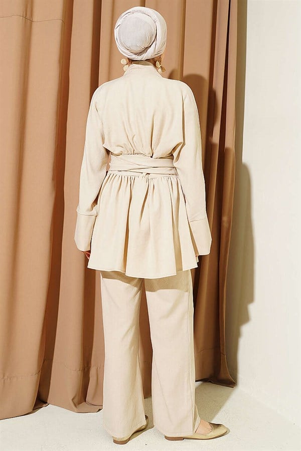 Self-Belted Kimono 2 Piece Set Stone