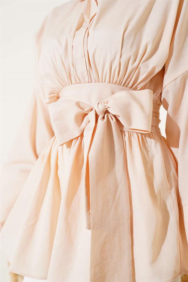 Self-Belted, Pleated Front Tunic, Beige
