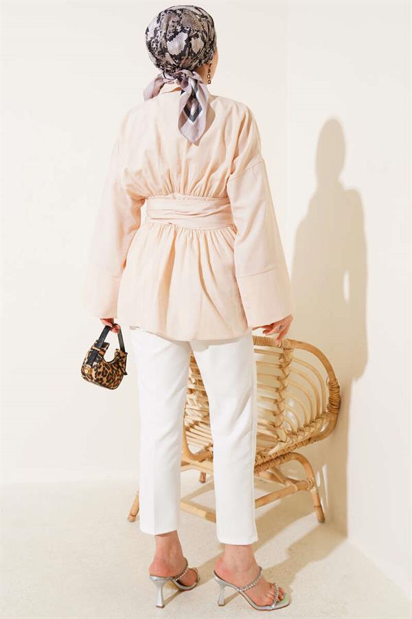 Self-Belted, Pleated Front Tunic, Beige