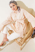 Self-Belted, Pleated Front Tunic, Beige
