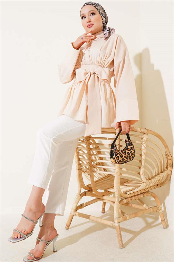 Self-Belted, Pleated Front Tunic, Beige