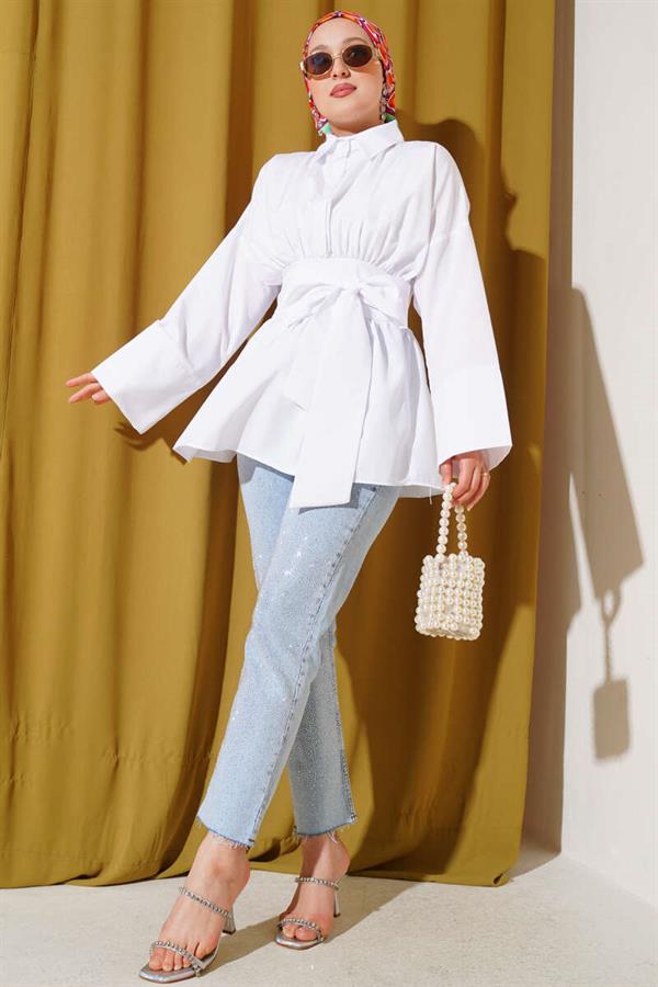 Self-Belted Front Pleated Tunic White