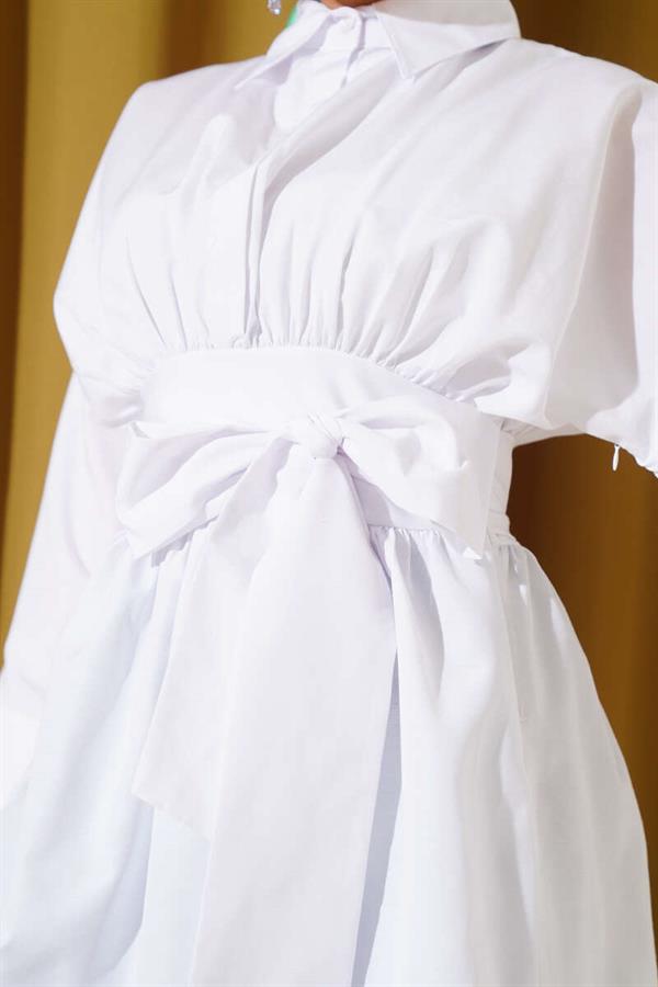 Self-Belted Front Pleated Tunic White