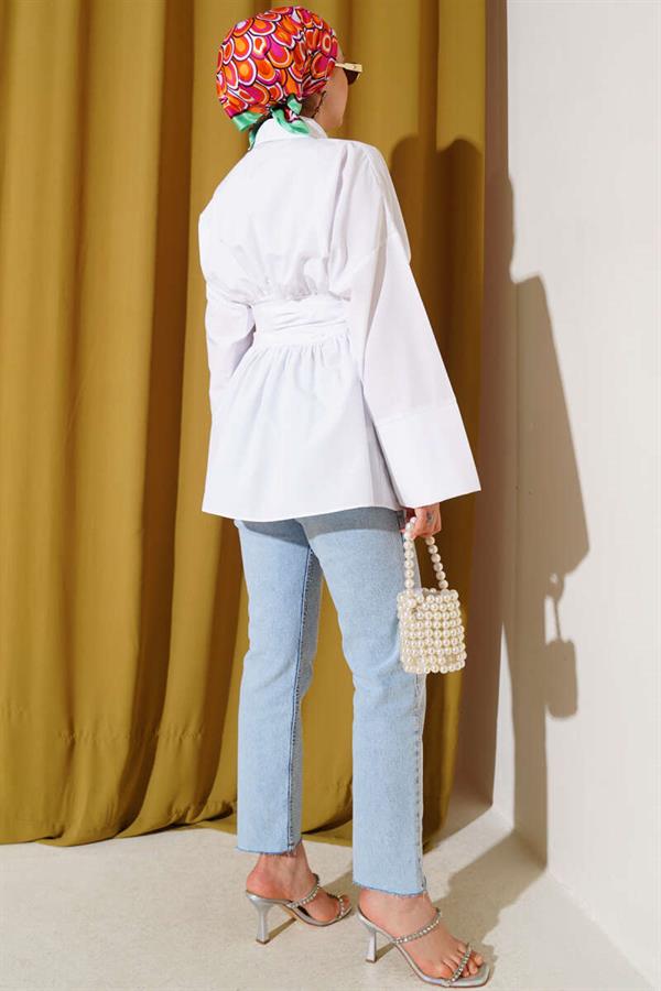 Self-Belted Front Pleated Tunic White