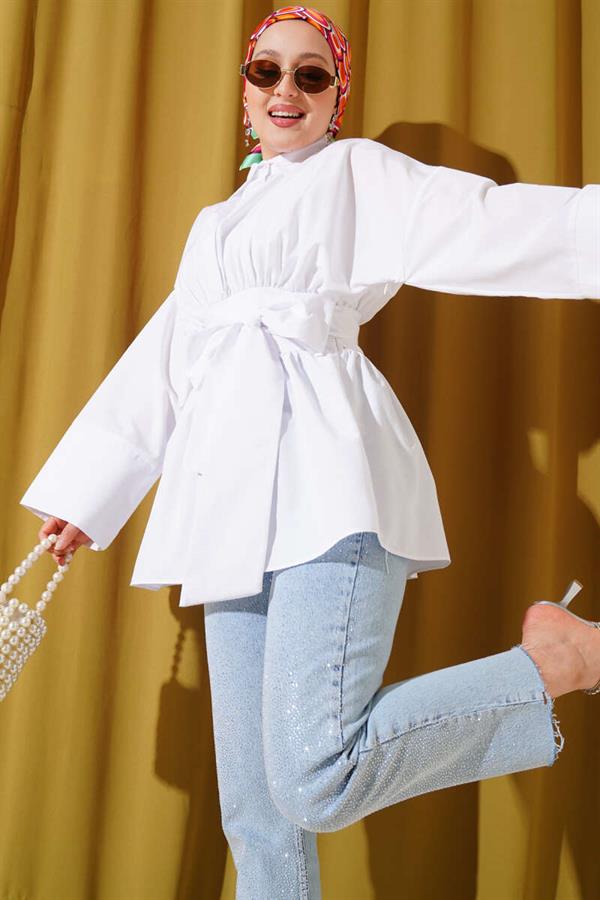 Self-Belted Front Pleated Tunic White