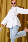 Self-Belted Front Pleated Tunic White