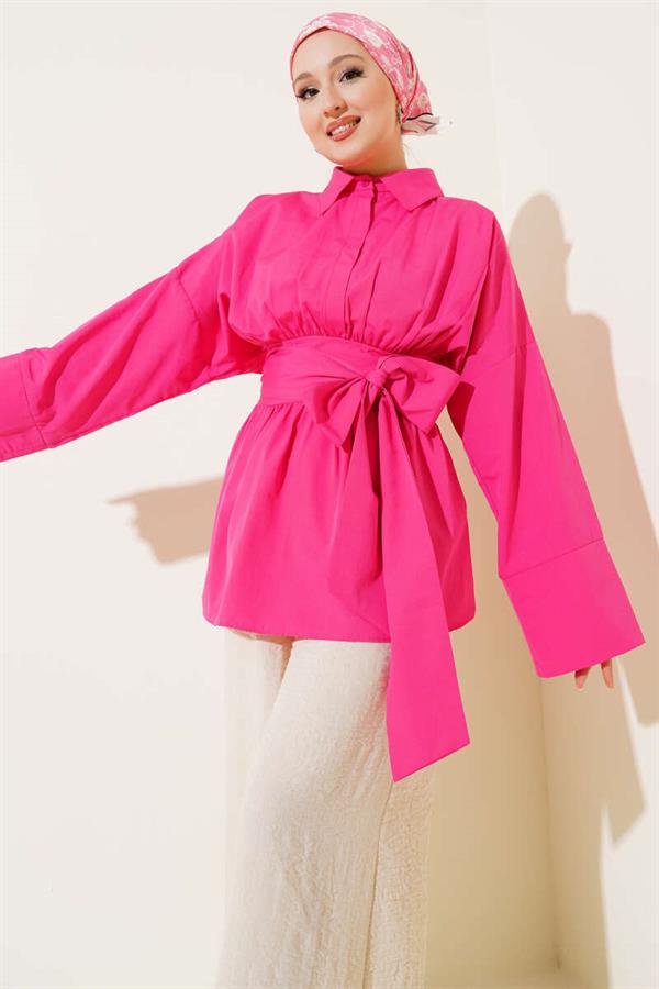 Self-Belted, Pleated Front Tunic, Fuchsia