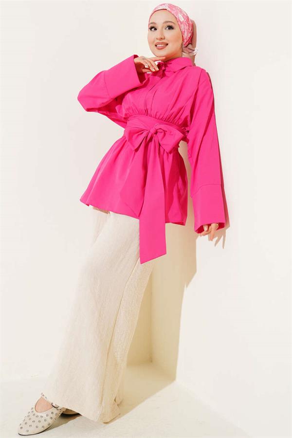 Self-Belted, Pleated Front Tunic, Fuchsia