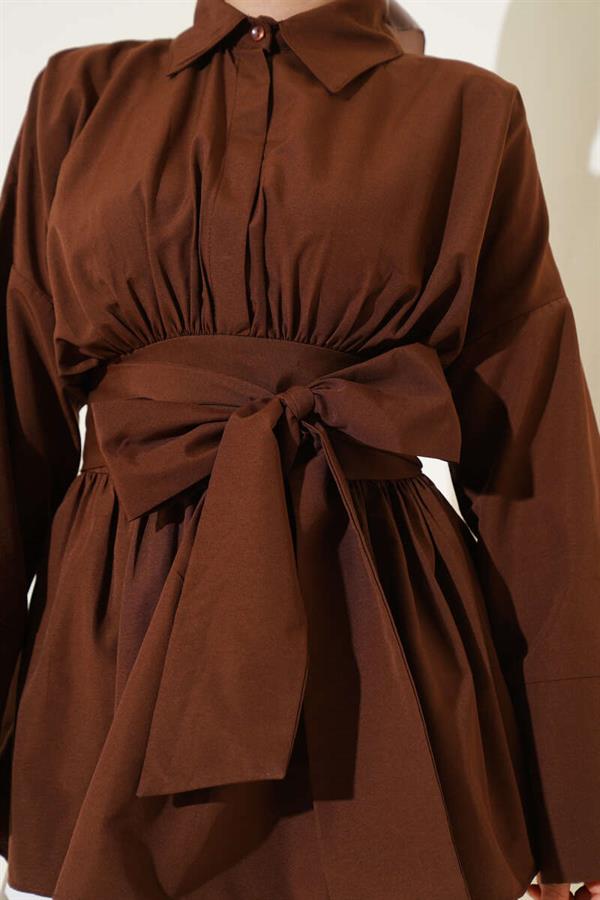 Self-Belted, Pleated Front Tunic, Brown