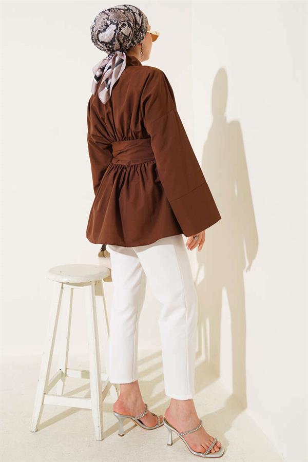 Self-Belted, Pleated Front Tunic, Brown