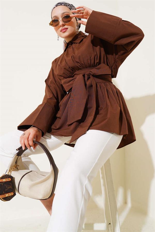 Self-Belted, Pleated Front Tunic, Brown