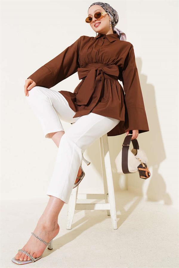 Self-Belted, Pleated Front Tunic, Brown