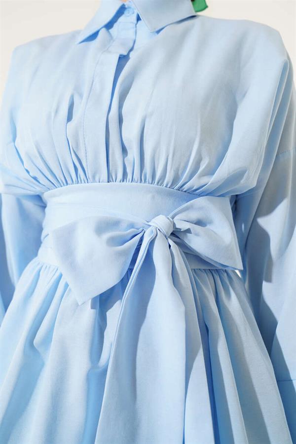 Self-Belted, Pleated Front Tunic Blue
