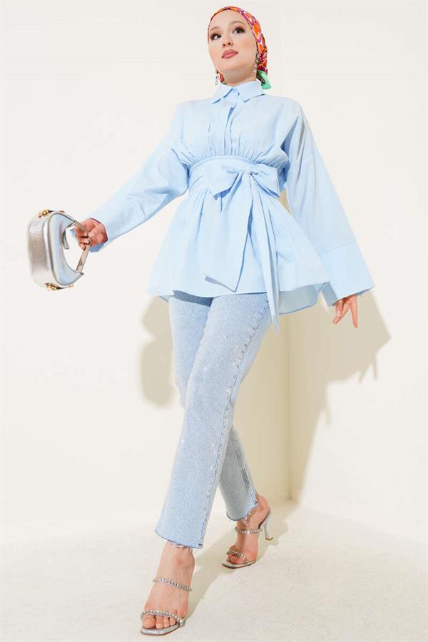 Self-Belted, Pleated Front Tunic Blue
