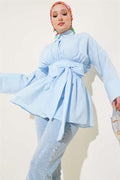 Self-Belted, Pleated Front Tunic Blue