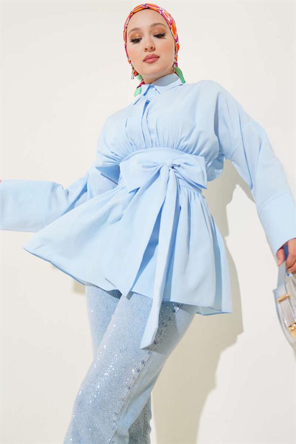 Self-Belted, Pleated Front Tunic Blue