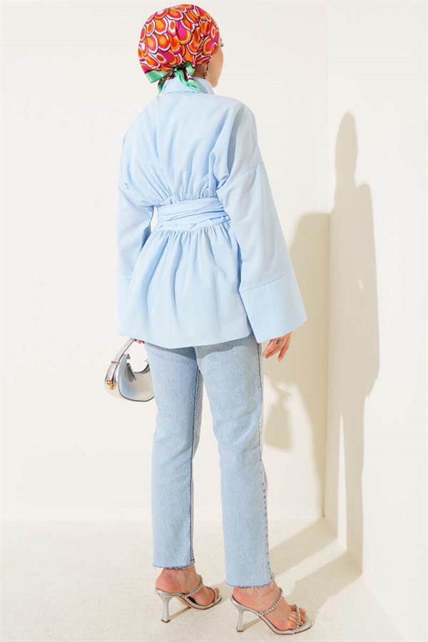 Self-Belted, Pleated Front Tunic Blue