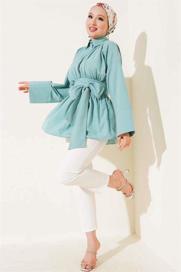 Self-Belted, Pleated Front Tunic, Mint