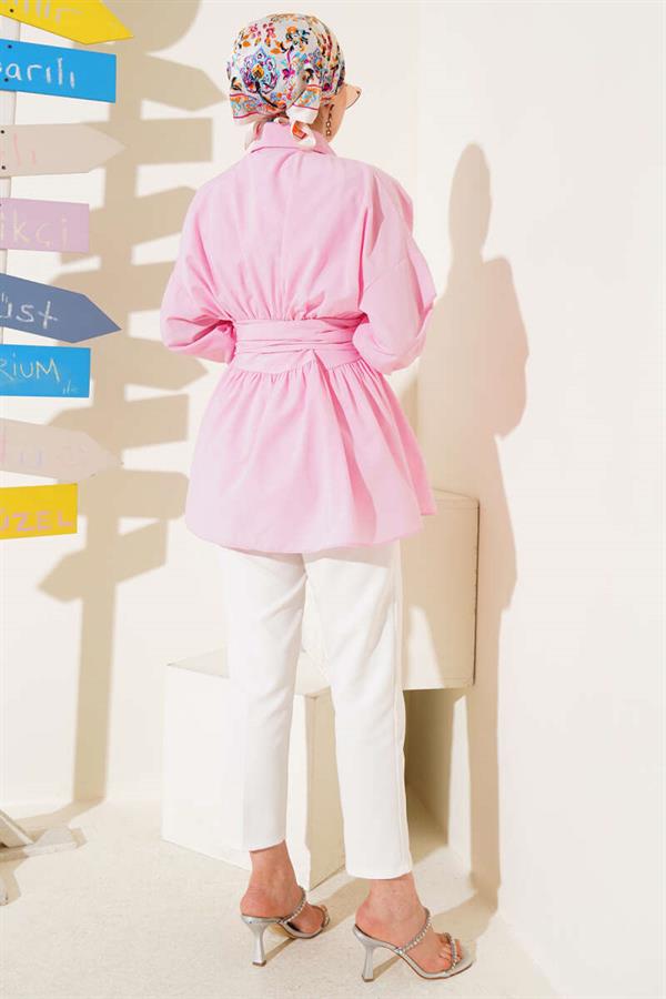 Self-Belted Front Gathered Tunic Pink
