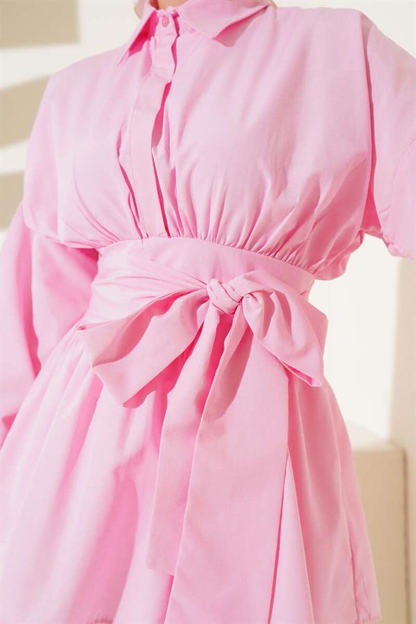 Self-Belted Front Gathered Tunic Pink