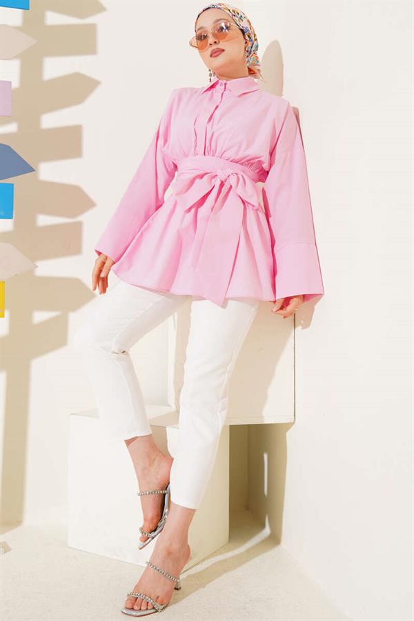 Self-Belted Front Gathered Tunic Pink