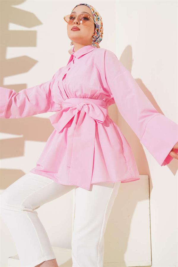 Self-Belted Front Gathered Tunic Pink