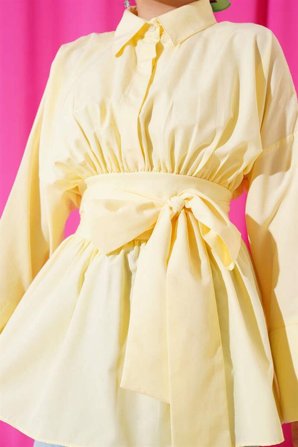 Self-Belted, Pleated Front Tunic, Yellow