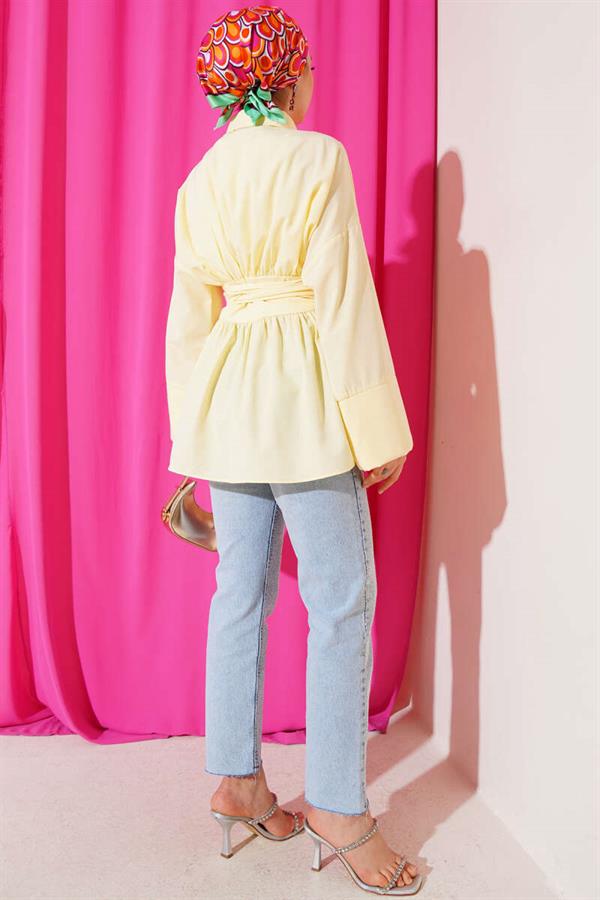 Self-Belted, Pleated Front Tunic, Yellow