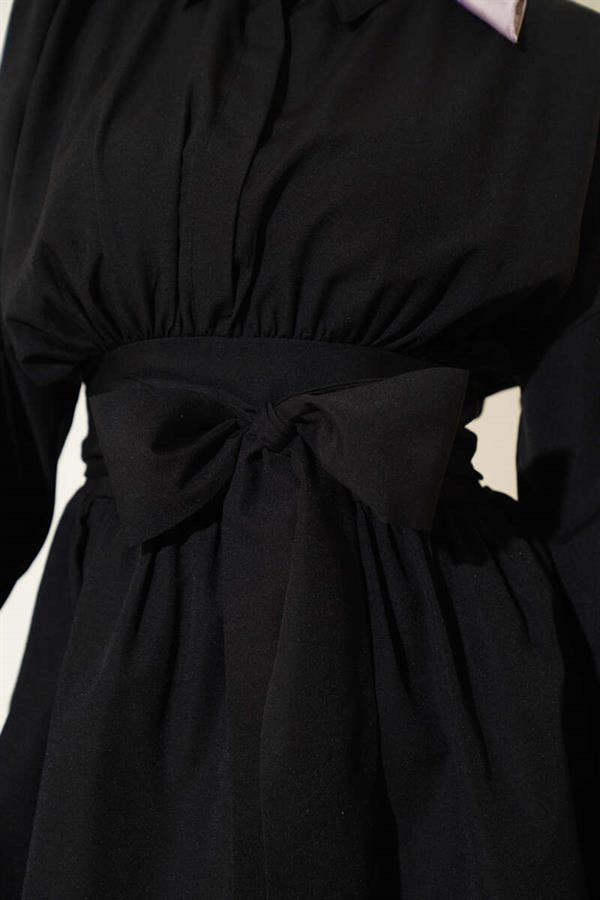 Self-Belted, Pleated Front Tunic, Black