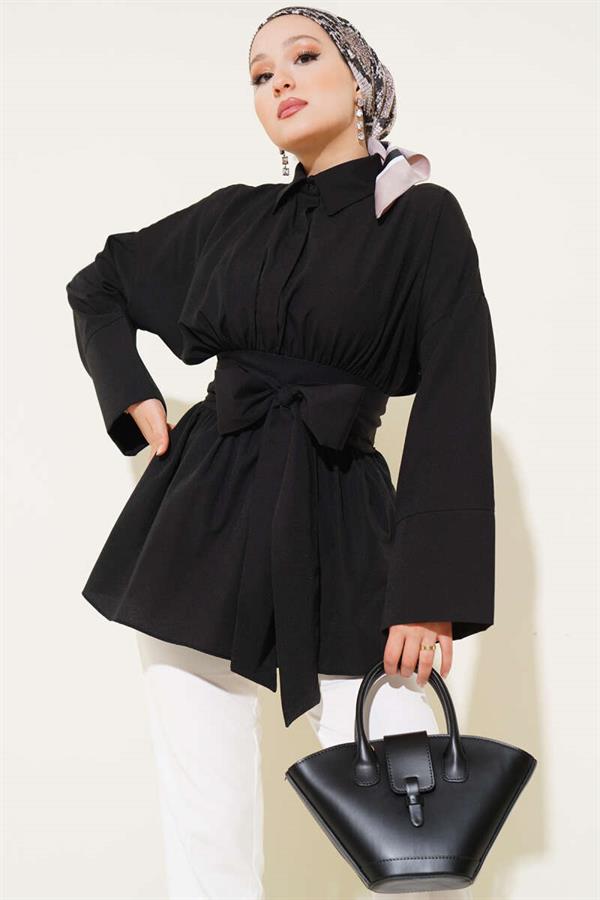 Self-Belted, Pleated Front Tunic, Black