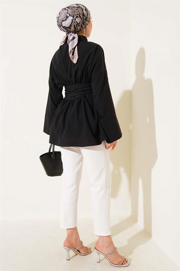 Self-Belted, Pleated Front Tunic, Black