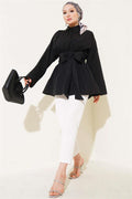 Self-Belted, Pleated Front Tunic, Black