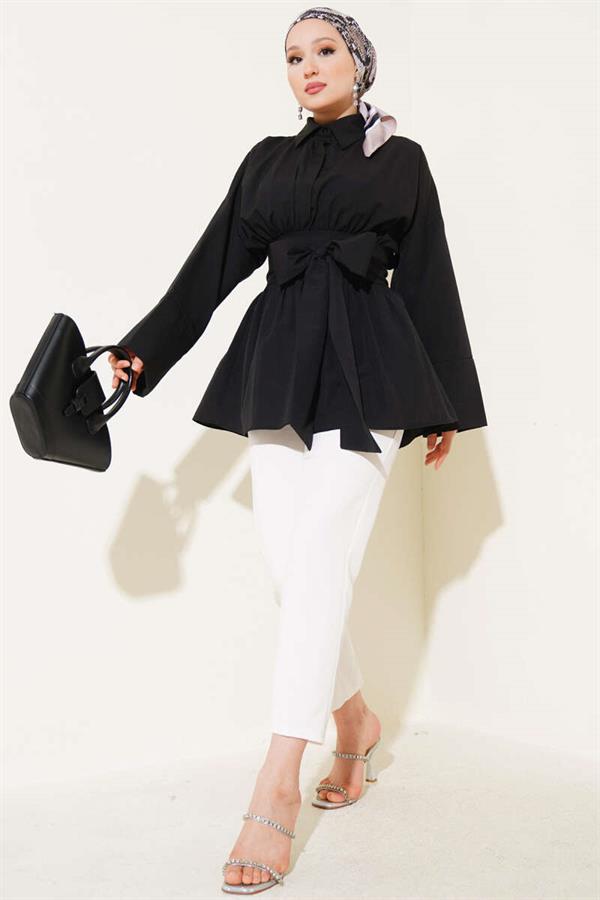 Self-Belted, Pleated Front Tunic, Black