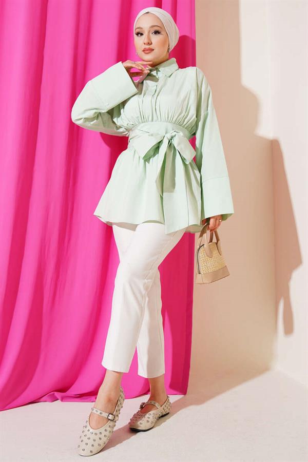 Self-Belted, Pleated Front Tunic, Aqua Green