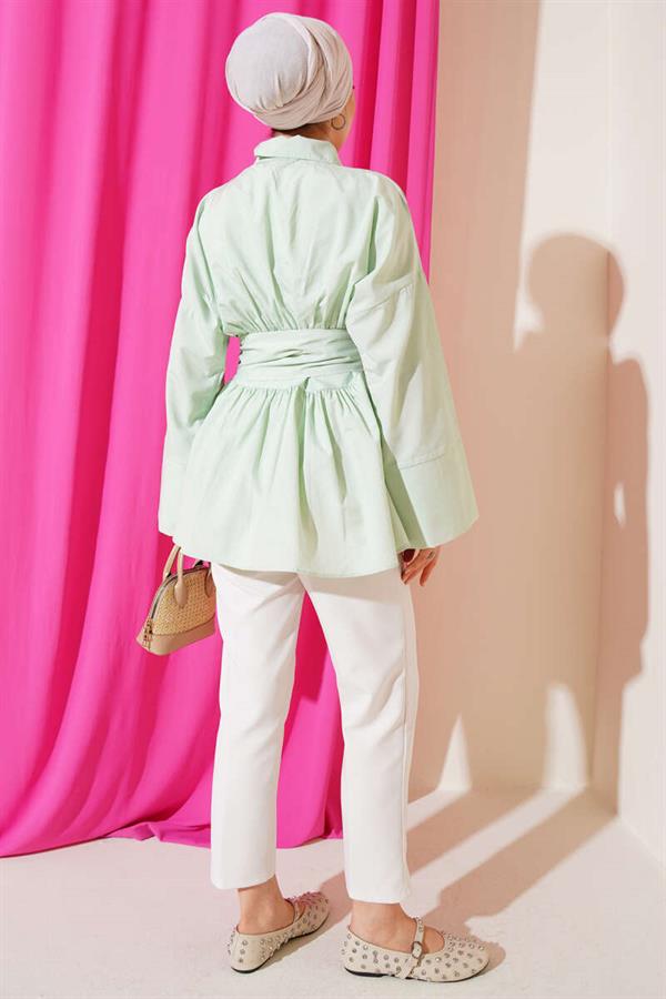 Self-Belted, Pleated Front Tunic, Aqua Green