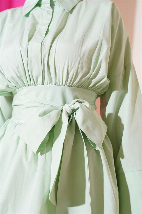 Self-Belted, Pleated Front Tunic, Aqua Green