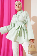 Self-Belted, Pleated Front Tunic, Aqua Green