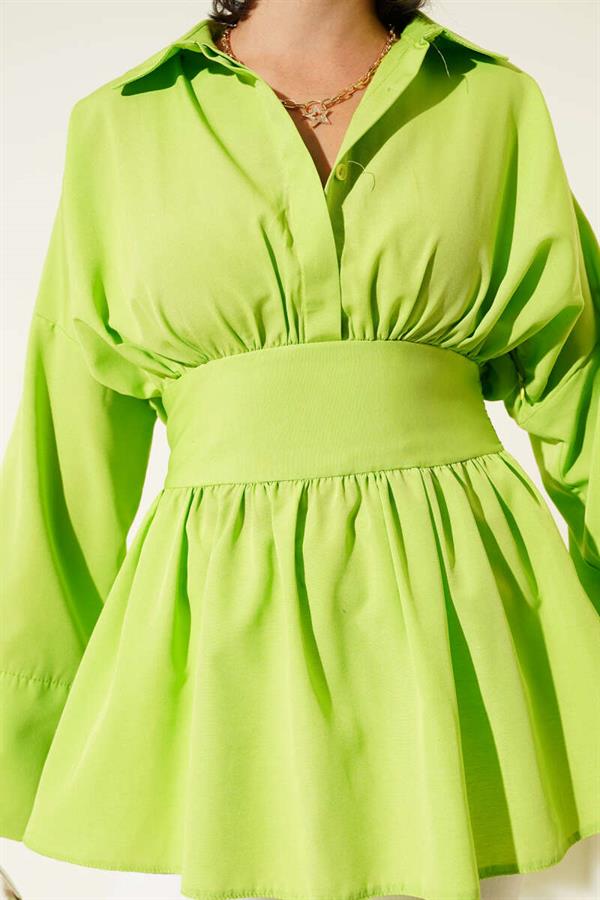 Self Belted Front Pleated Tunic Green