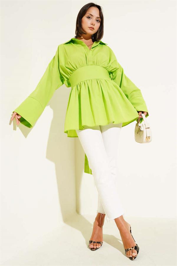 Self Belted Front Pleated Tunic Green