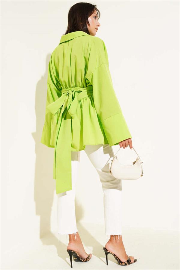 Self Belted Front Pleated Tunic Green